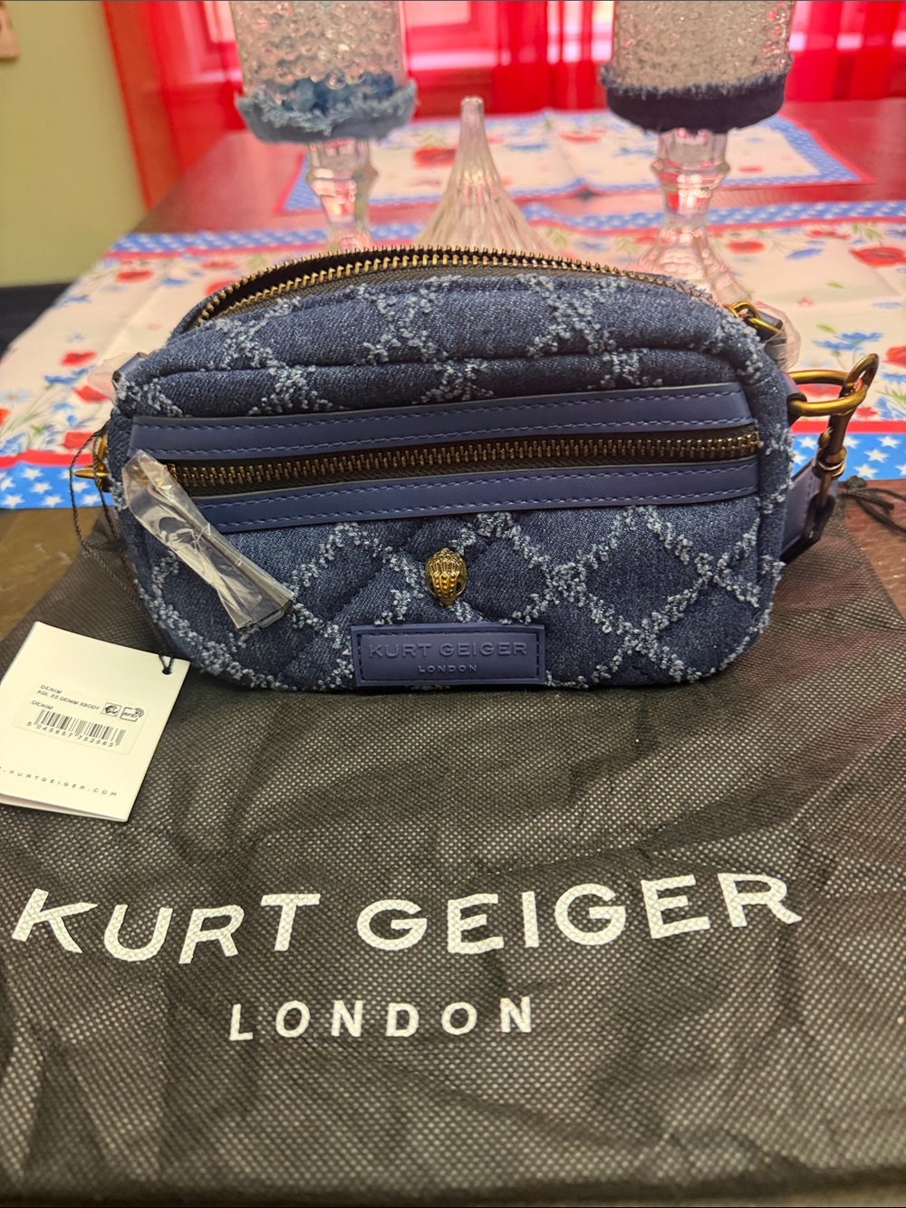 Kurt Geiger Quilted Denim-Blue Crossbody with Gold Hardware